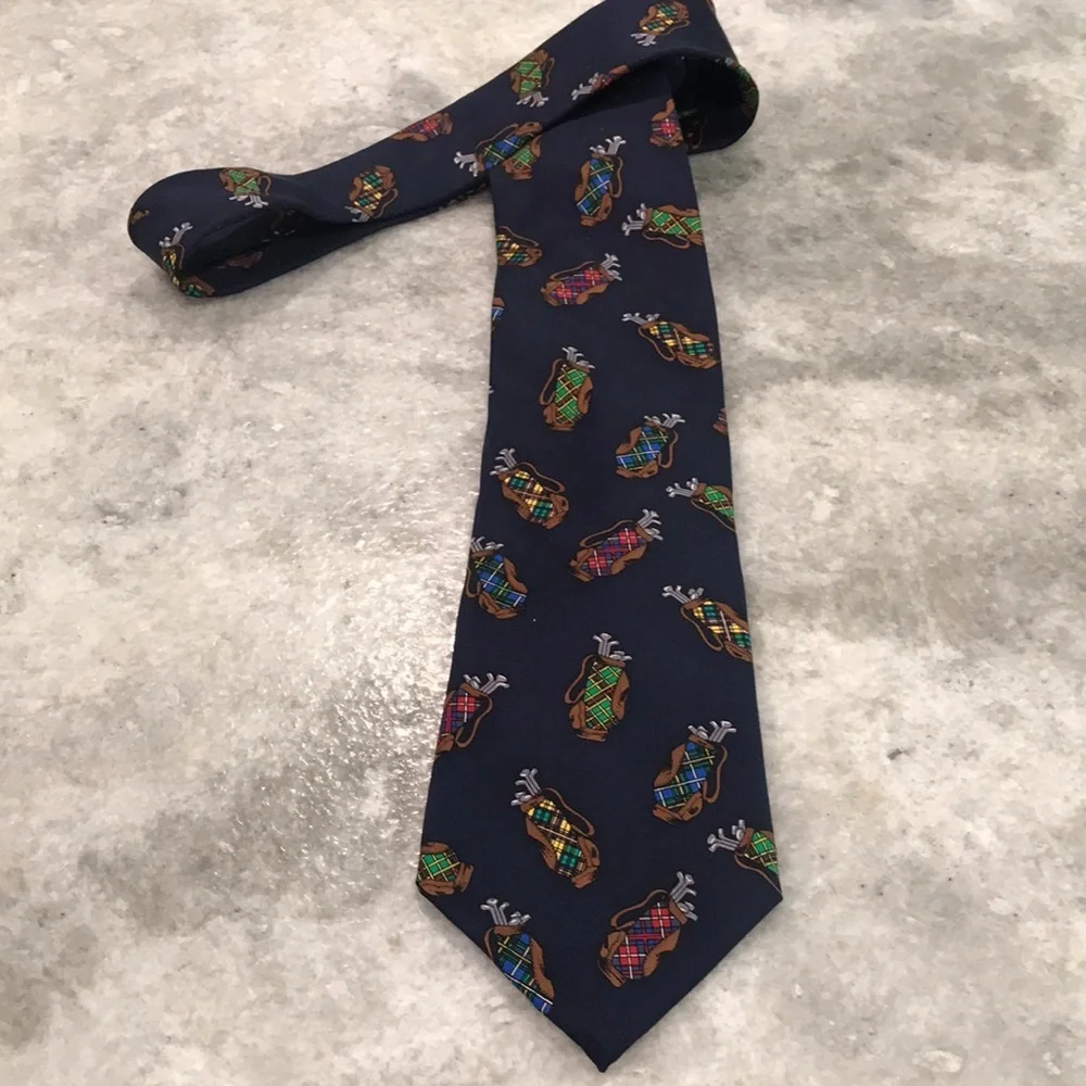 Alynn Silk Tartan‎ Bags Tie Mens Navy Blue Golf Motif Designer Necktie